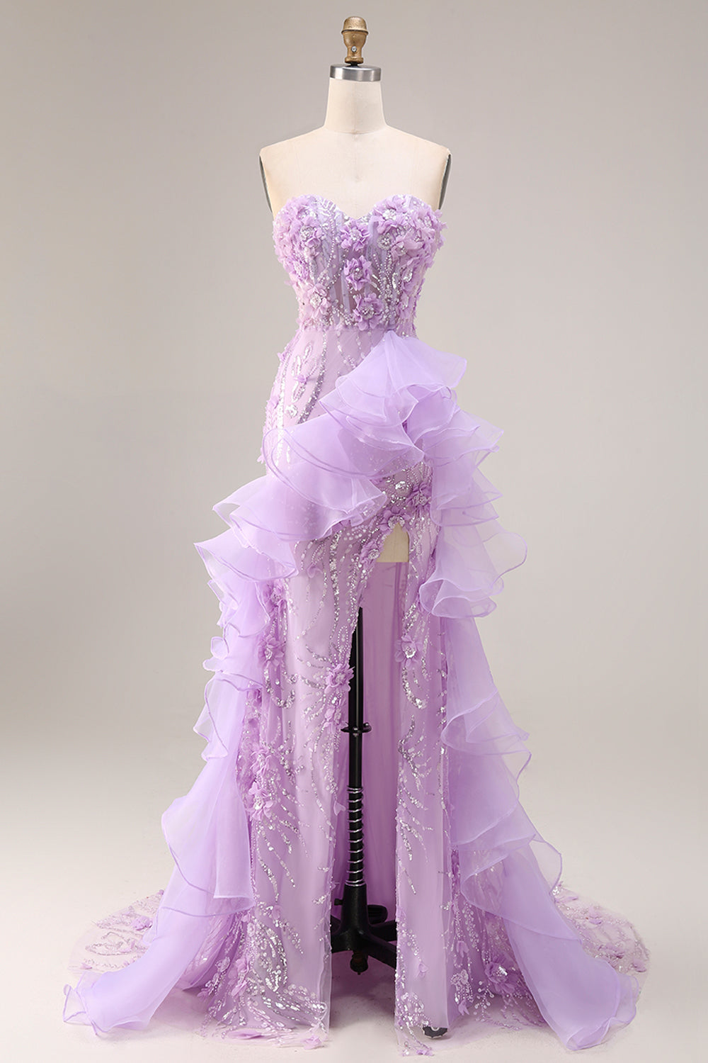 Sparkly Lilac Strapless Corset Prom Dress with Ruffles